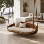 Round Wood Hanging Swing Sofa – Solid Wood Indoor Porch Swing with Cushions for Sunroom Decor