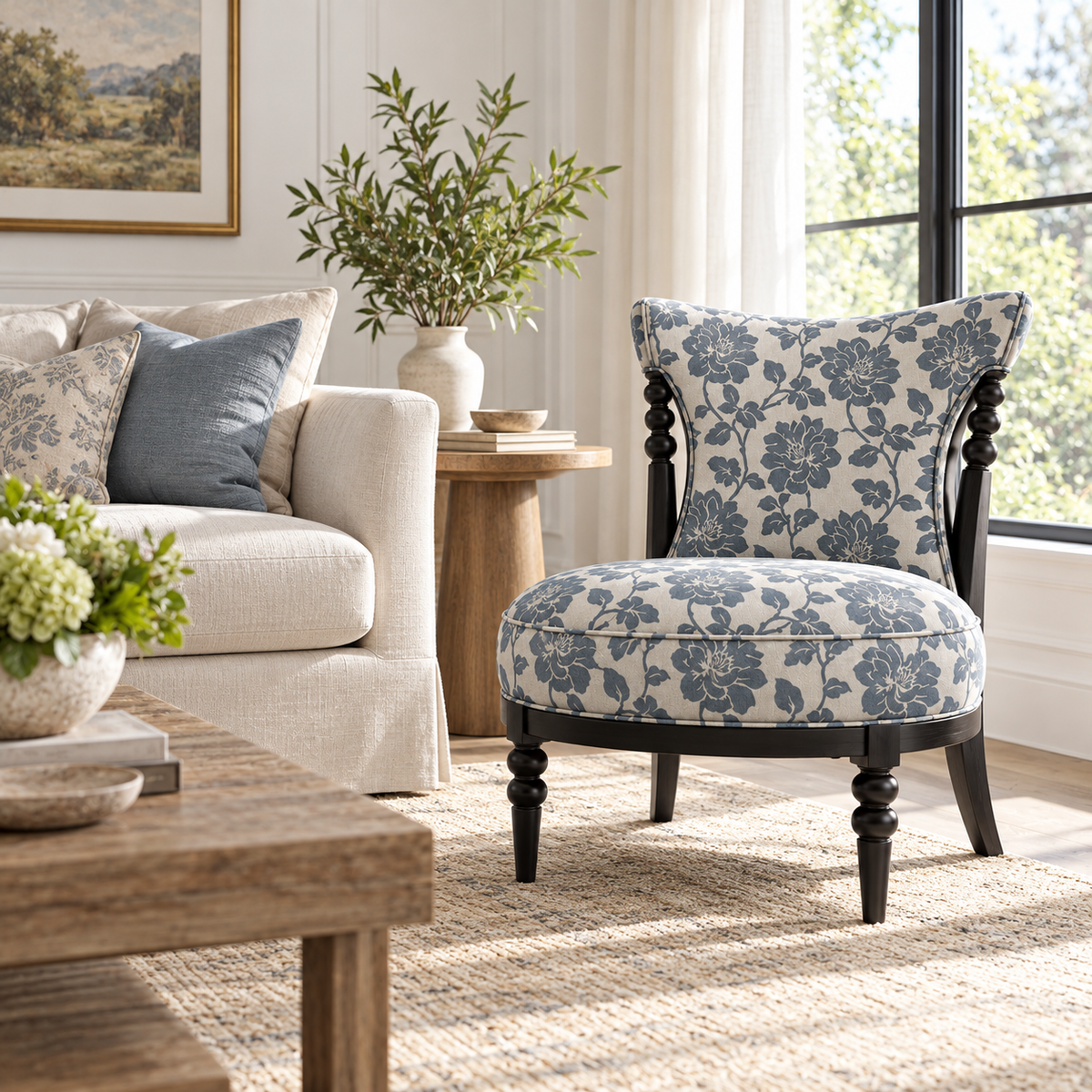Floral Upholstered Accent Chair with Turned Wood Details