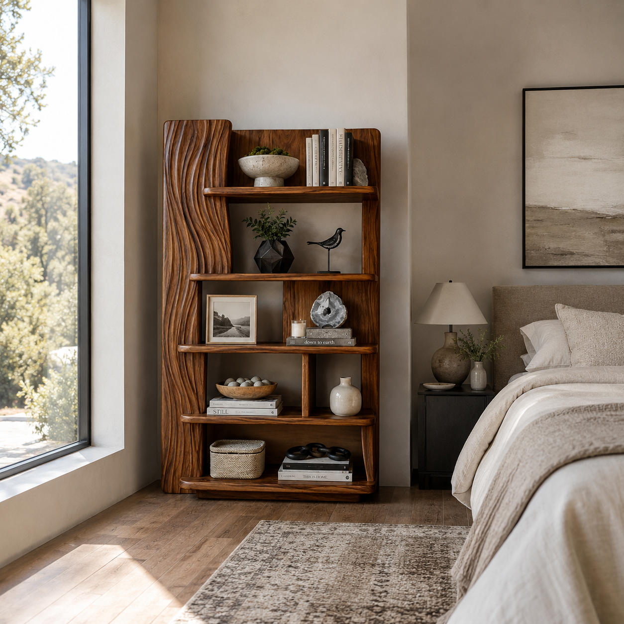 Sculptural Ripple Wood Bookshelf
