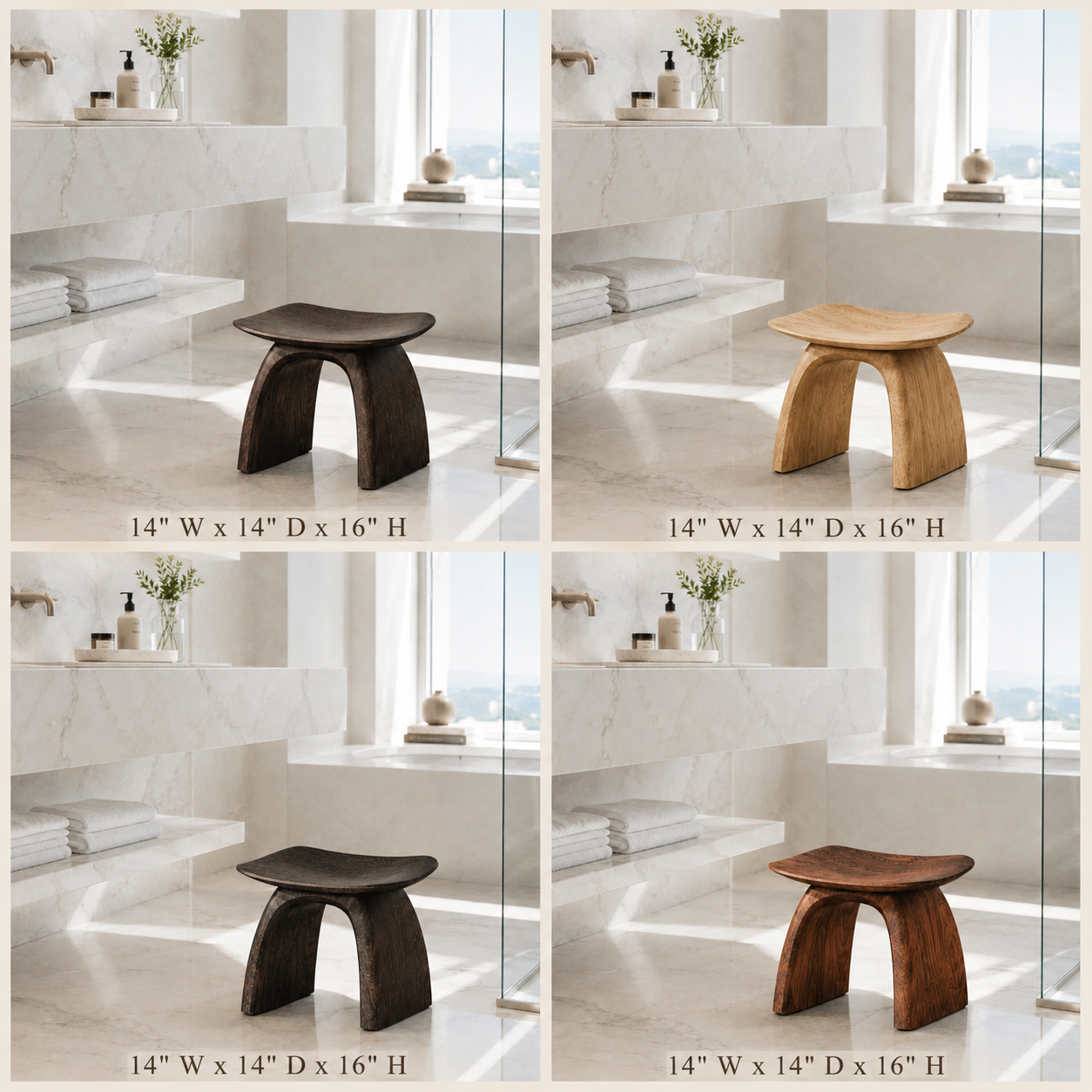 Curved Wood Bathroom Stool – Solid Wood Low Spa Seat for Bathroom Decor