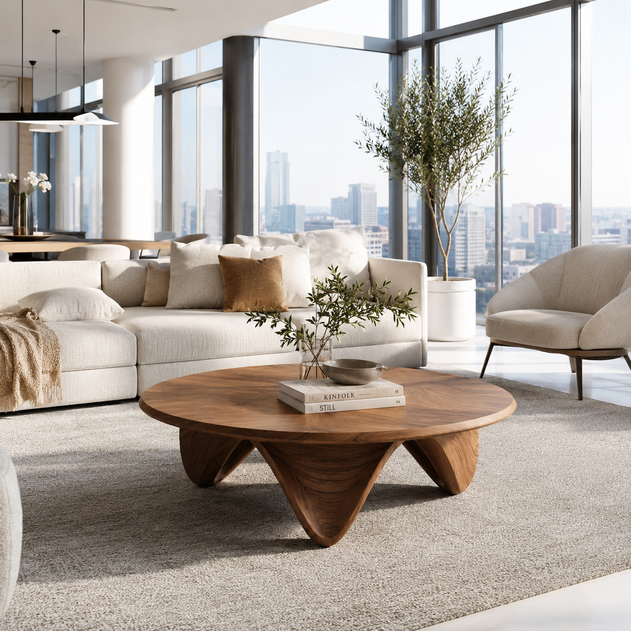 Sculptural Petal Base Wood Coffee Table