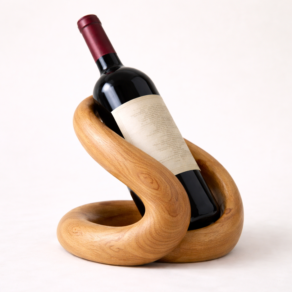 Sculptural Solid Wood Wine Holder – Hand-Carved Curved Bottle Stand