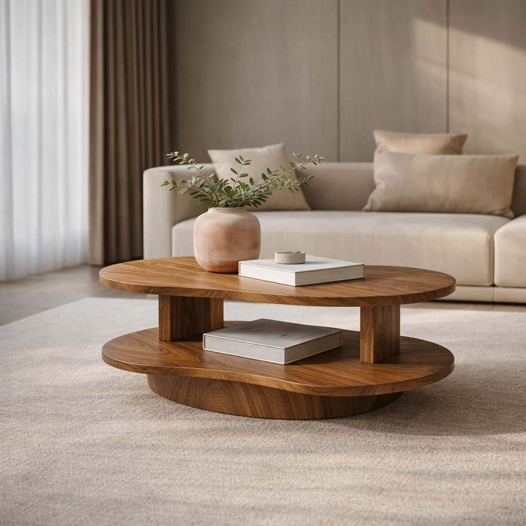 Organic Wave Walnut Coffee Table – Sculptural Two-Tier Design