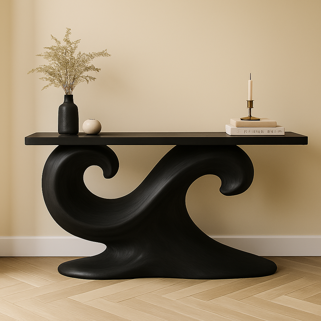 Walnut Console Table – Sculptural Wave Entryway Table, Modern Solid Wood