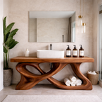 Artisan Solid Wood Bathroom Vanity with Sculptural Cross-Base & Mirror