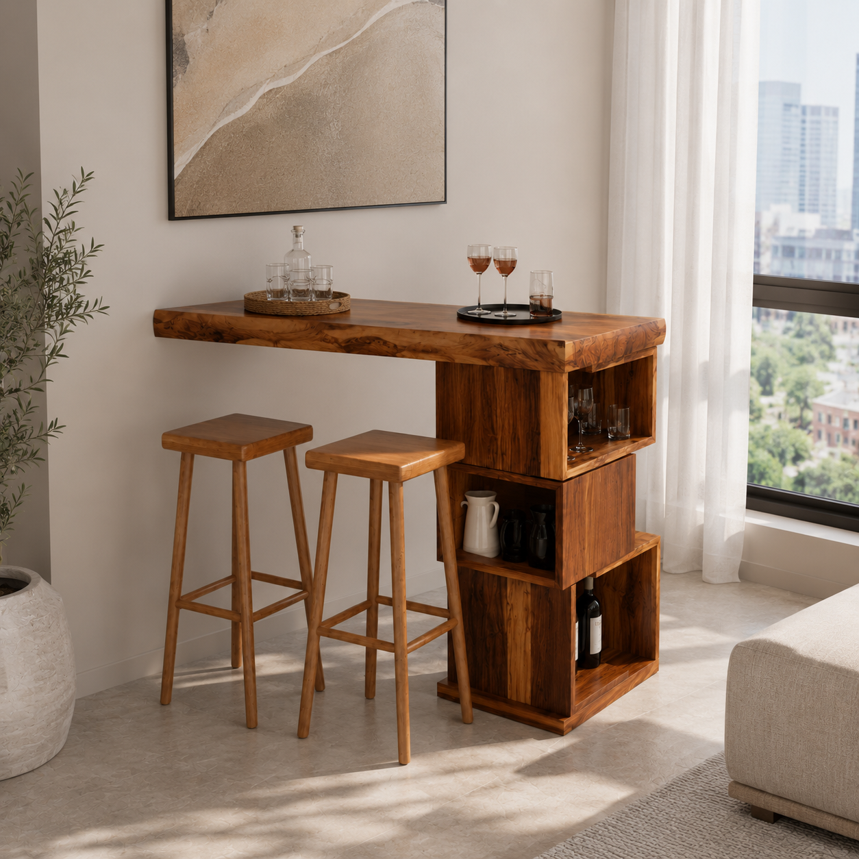 Outdoor Wood Bar Table Set – Solid Wood Balcony Bar Counter with Storage and Stools