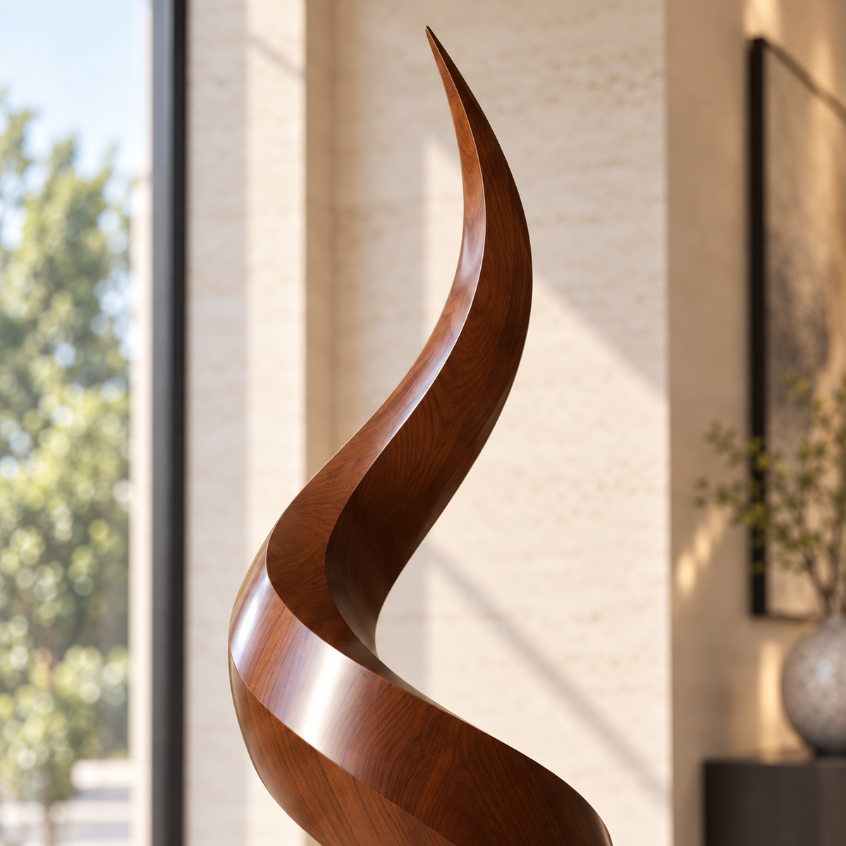 Spiral Flame Wood Floor Sculpture