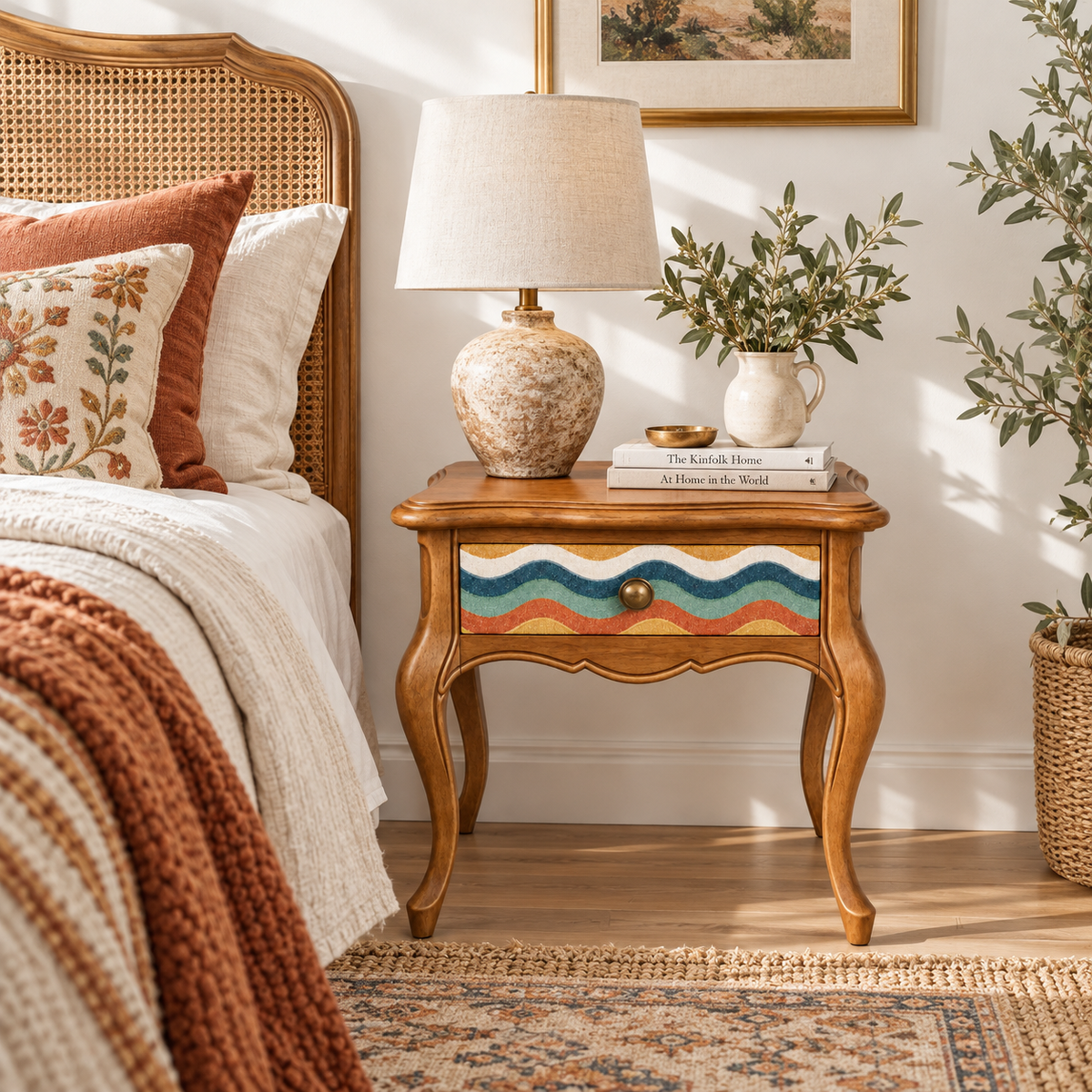 Vintage Curved Leg Nightstand with Patterned Drawer