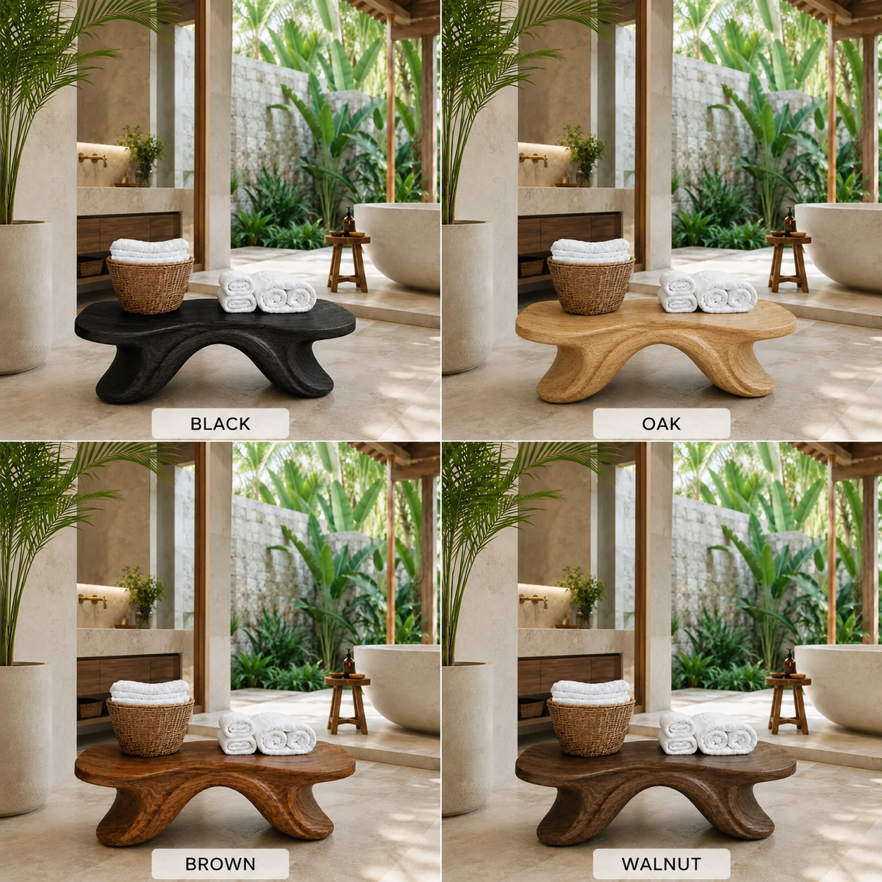 Curved Wood Bathroom Bench – Solid Wood Low Towel Bench for Spa Decor