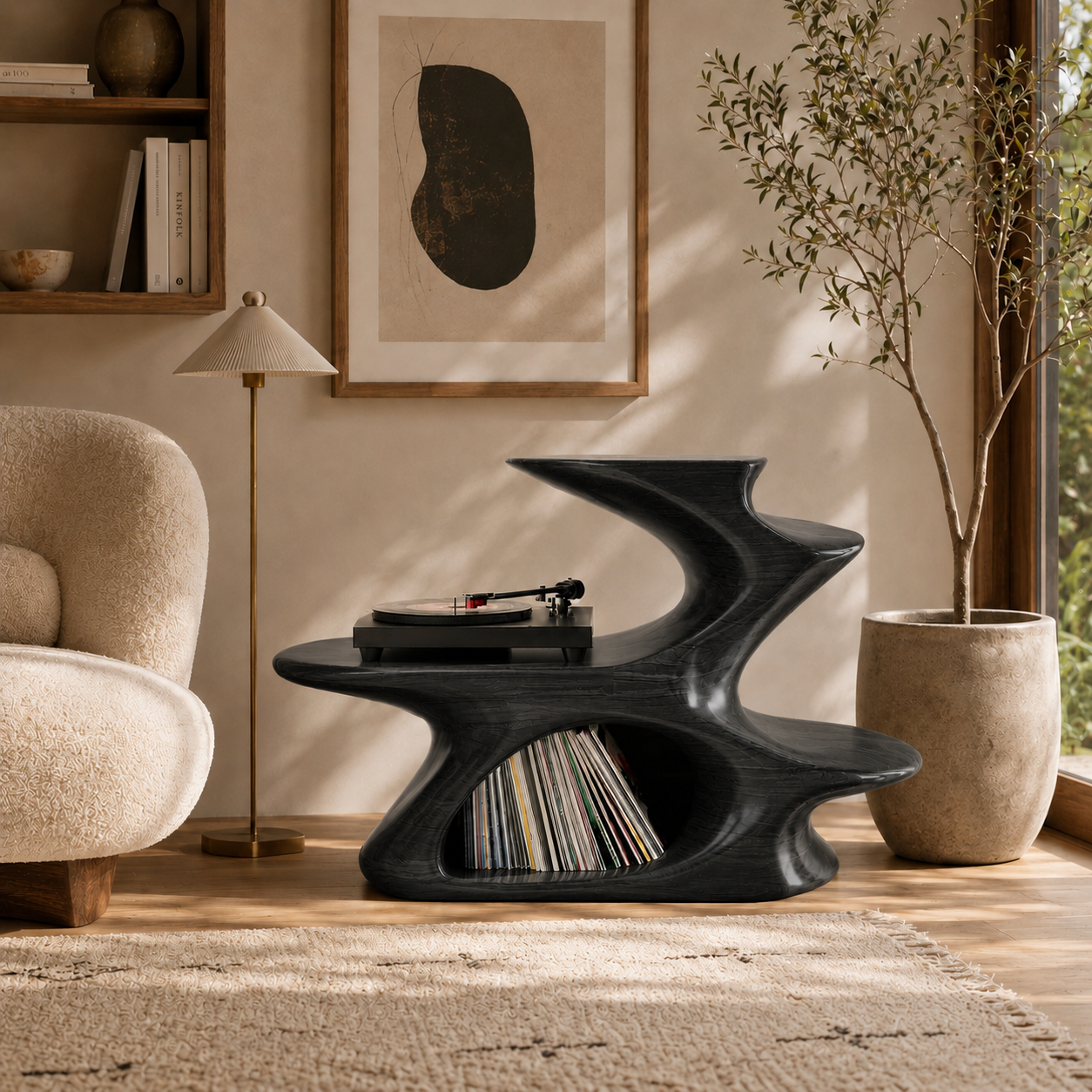 Modern Sculptural Wooden Side Table – Solid Wood Accent Table with Magazine Storage for Living Room