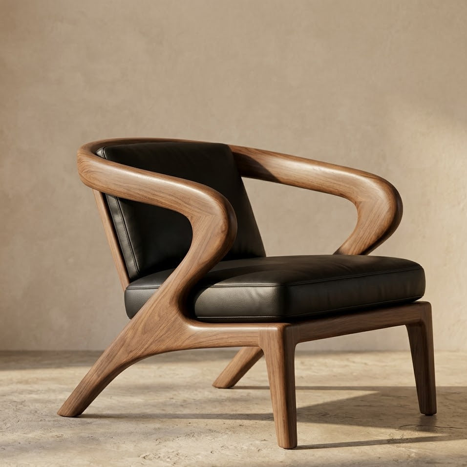 Sculptural Accent Chair – Solid Wood Lounge Chair with Cushioned Seat