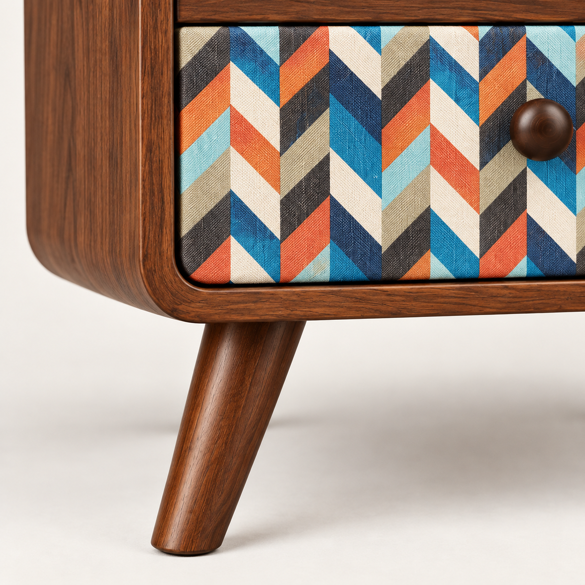 Mid-Century Walnut Nightstand with Geometric Drawer