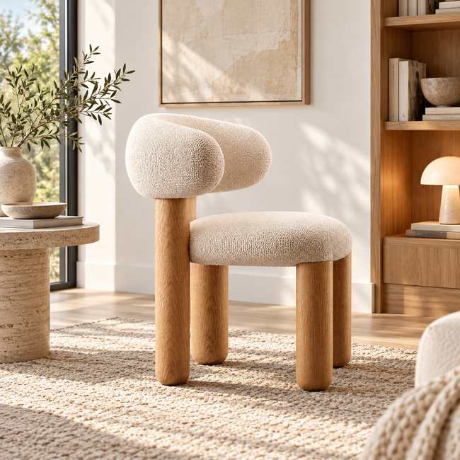 Curved Bouclé Dining Chair with Solid Wood Legs Main Image