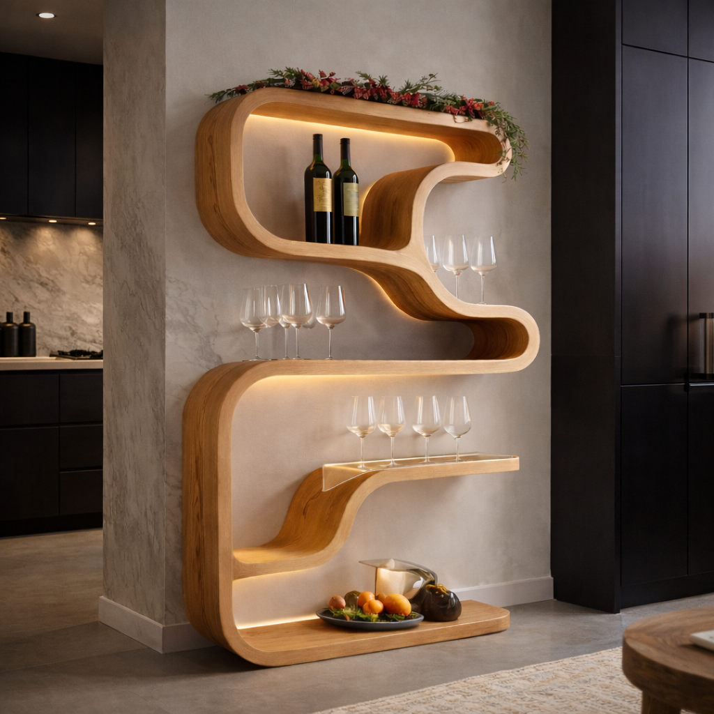 S-Shaped Floating Shelf – Solid Wood Wall Shelf with Storage