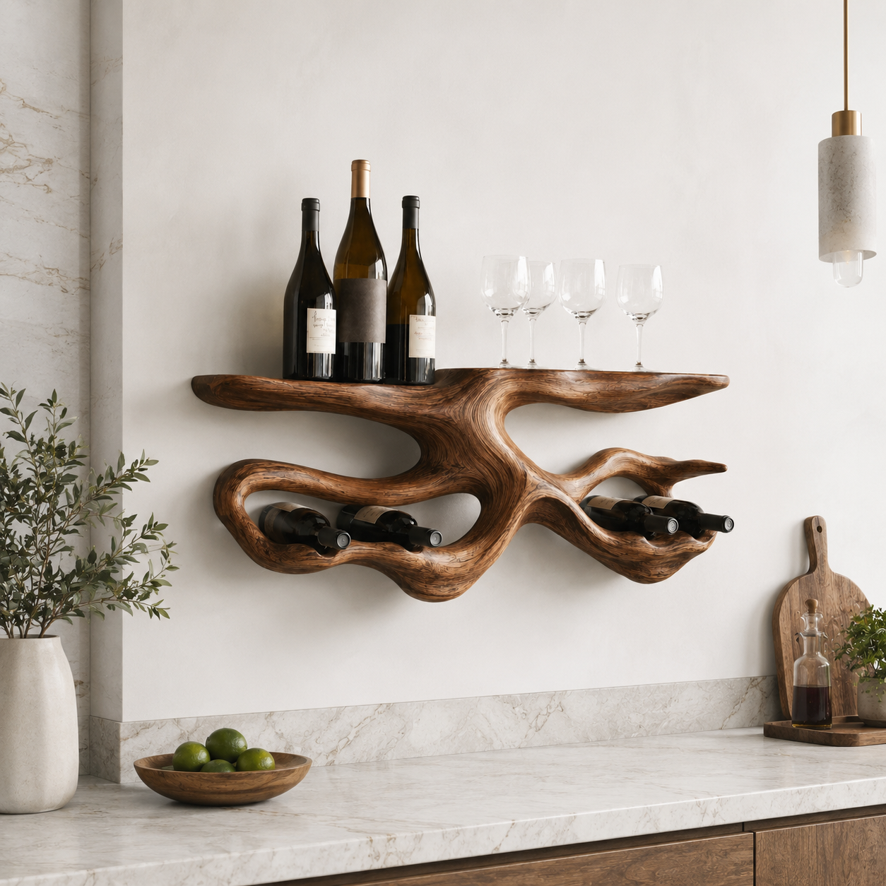 Branch Wood Wall Wine Rack – Solid Wood Bottle and Glass Display Shelf for Kitchen Decor