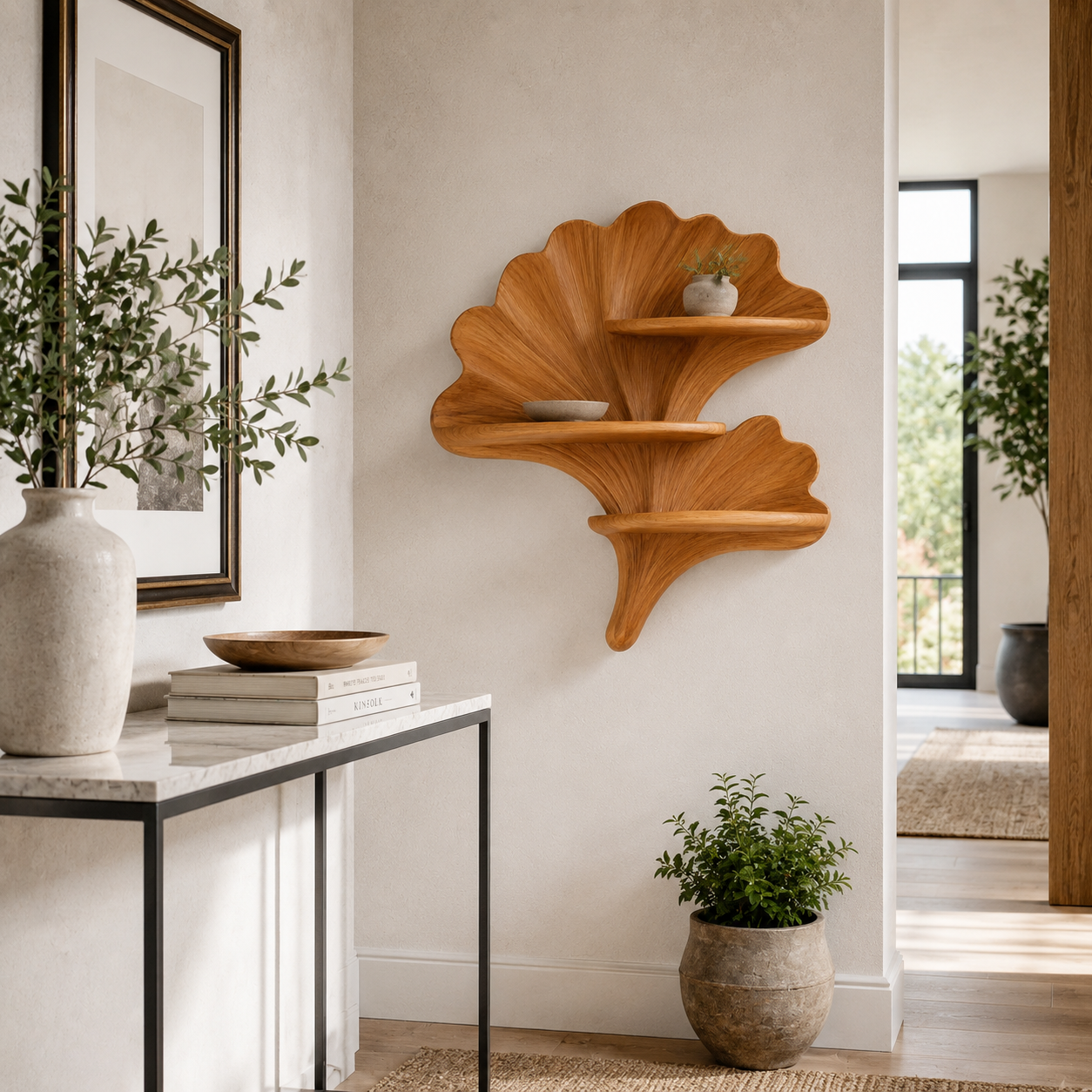 Shell Wood Wall Shelf – Solid Wood Floating Display Shelf for Home Office Decor