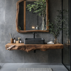 Floating Bathroom Shelf – Natural Wood Shelf with Circular Mirror