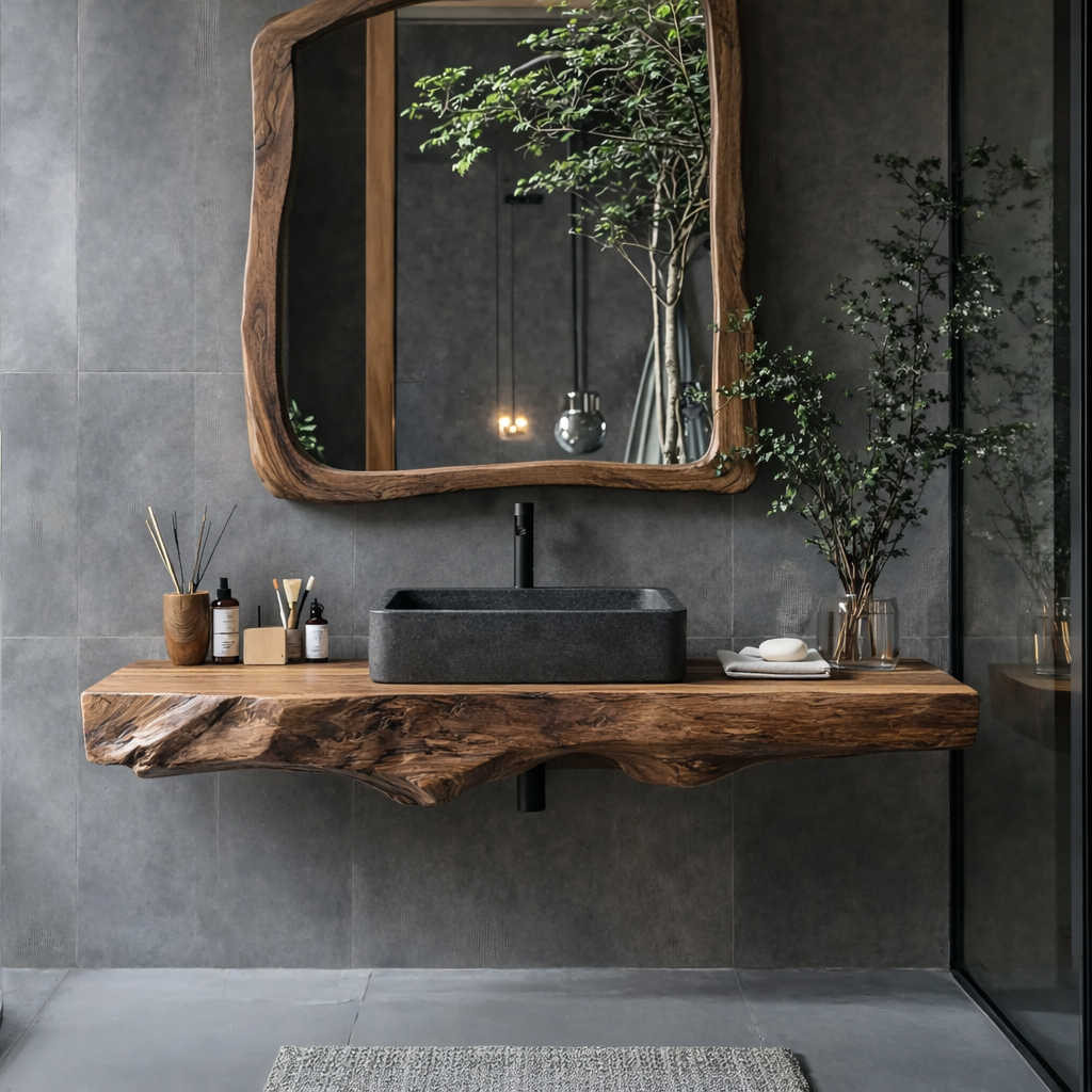 Floating Bathroom Shelf – Natural Wood Shelf with Circular Mirror