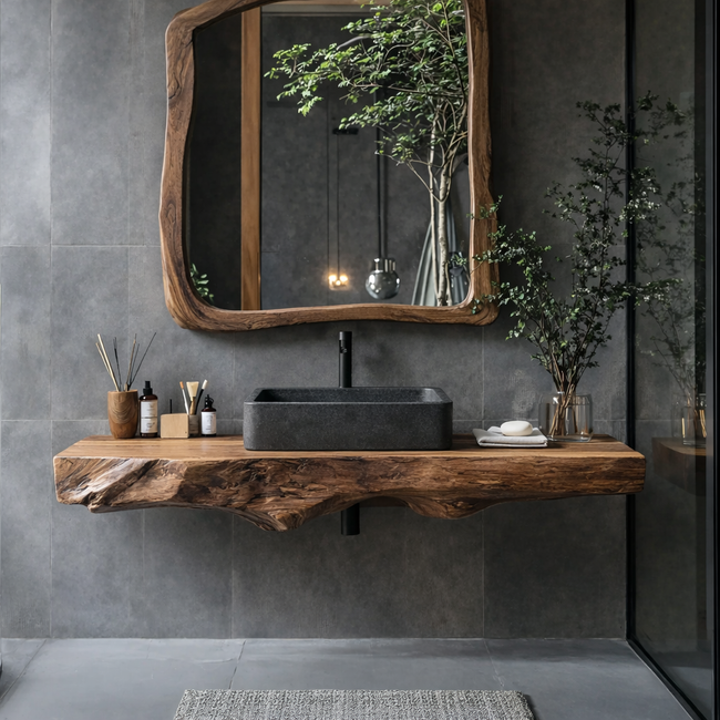 Floating Bathroom Shelf – Natural Wood Shelf with Circular Mirror Hover Image