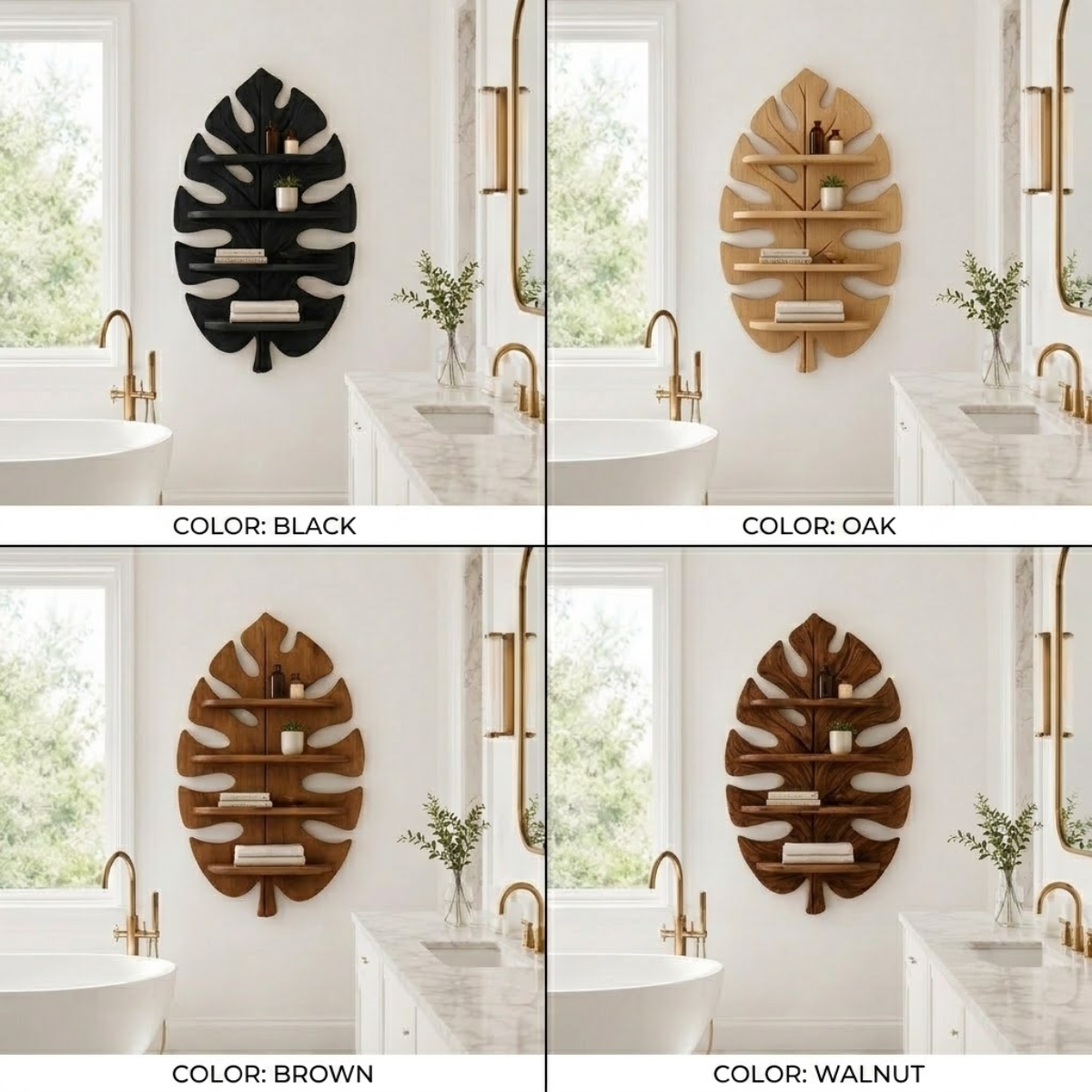 Monstera Leaf Wood Bathroom Shelf – Solid Wood Wall Mounted Display Shelf for Bathroom Decor