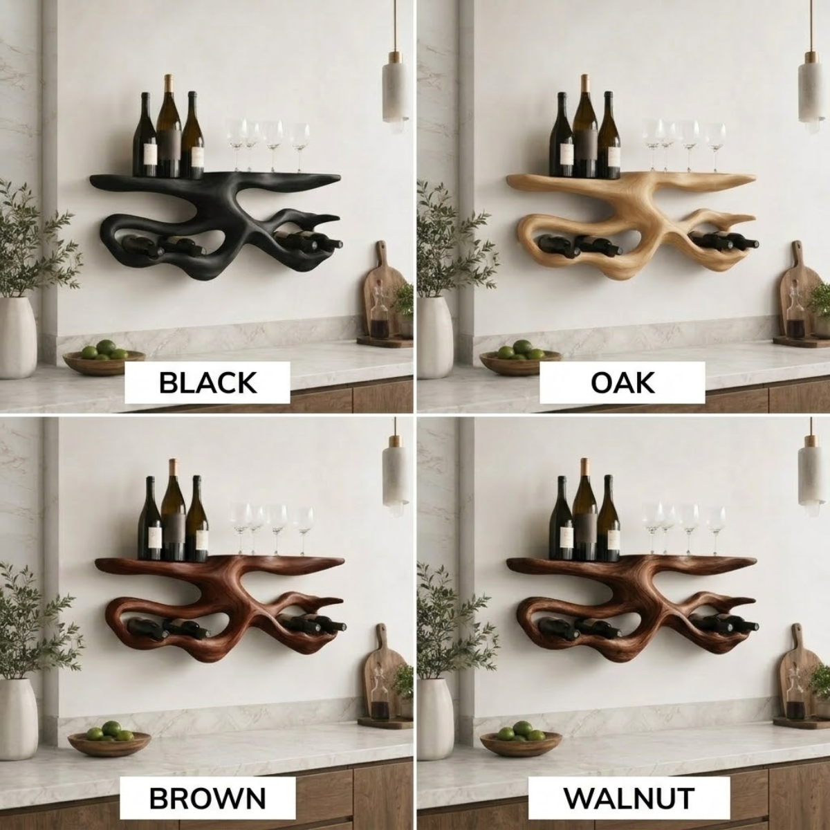 Branch Wood Wall Wine Rack – Solid Wood Bottle and Glass Display Shelf for Kitchen Decor