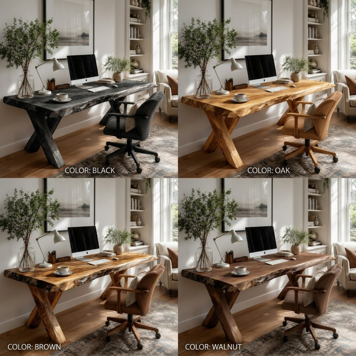 Live Edge Wood Desk – Solid Wood Office Table with X-Base Legs for Home Office Decor