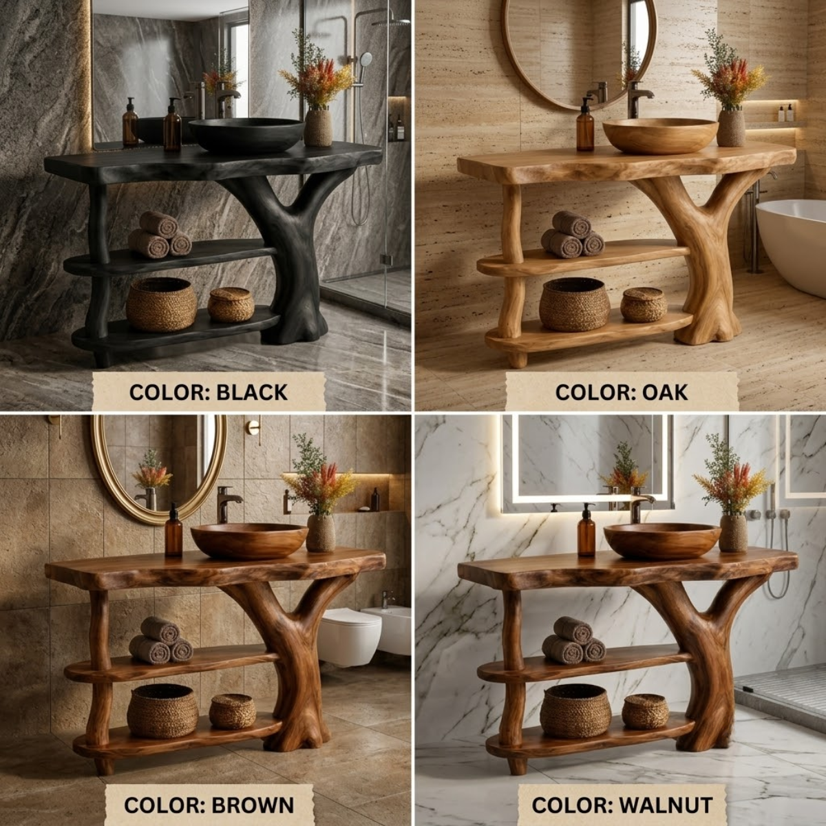 Live Edge Wood Bathroom Vanity – Solid Wood Sink Console with Storage Shelf for Bathroom Decor