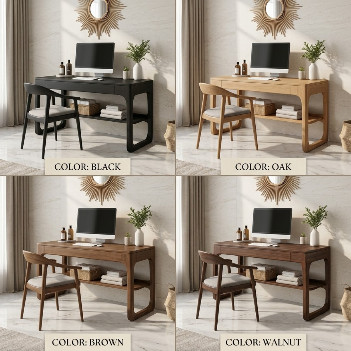 Rounded Wood Writing Desk – Solid Wood Office Desk with Lower Storage Shelf for Home Office Decor