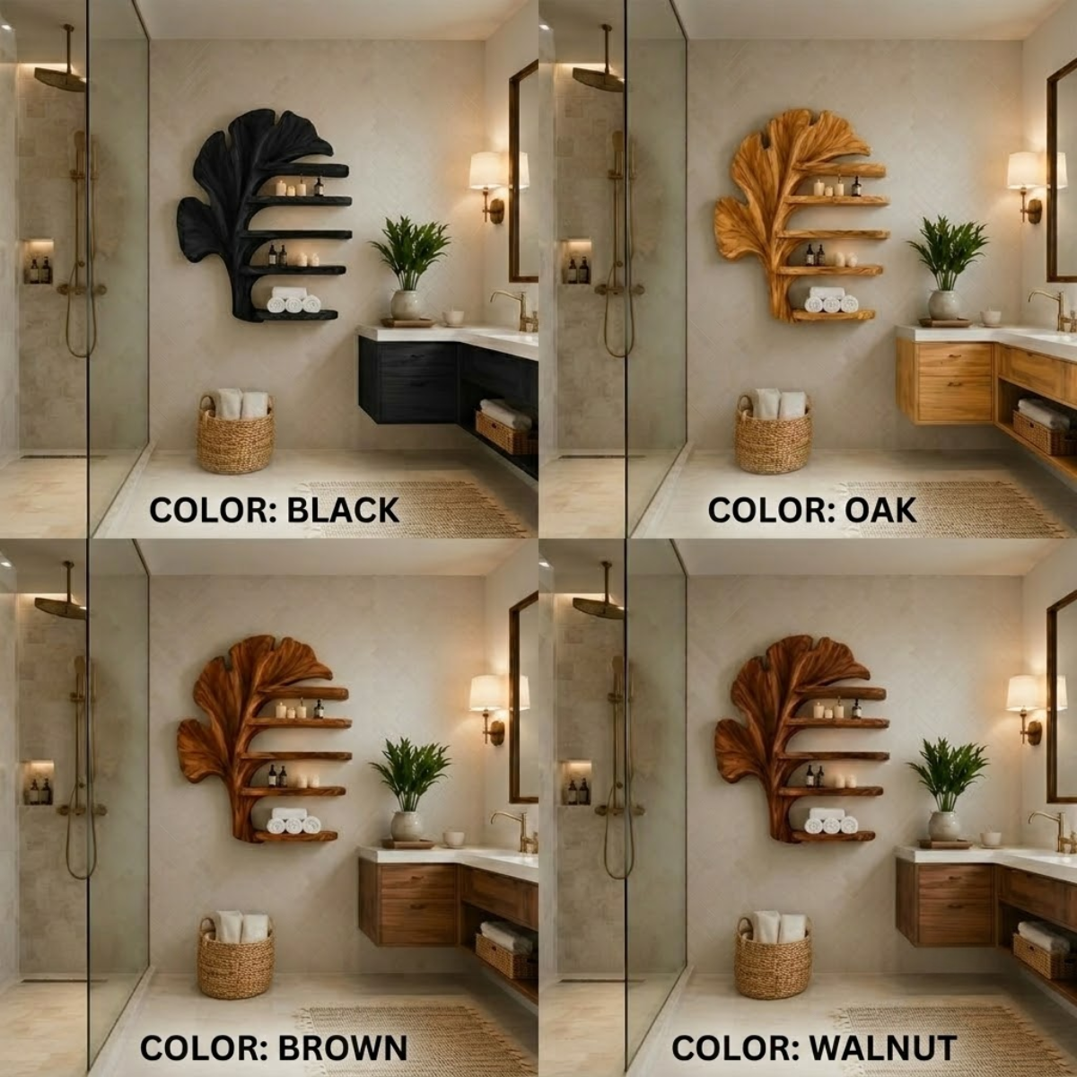 Ginkgo Leaf Wood Bathroom Shelf – Solid Wood Wall Mounted Display Shelf for Bathroom Decor