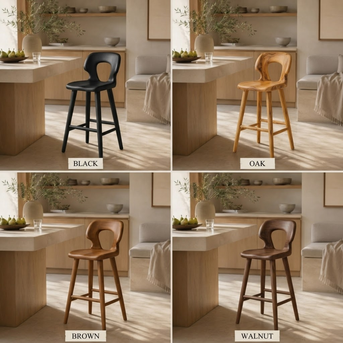 Sculptural Wood Bar Stool – Solid Wood Counter Chair for Kitchen Island Decor
