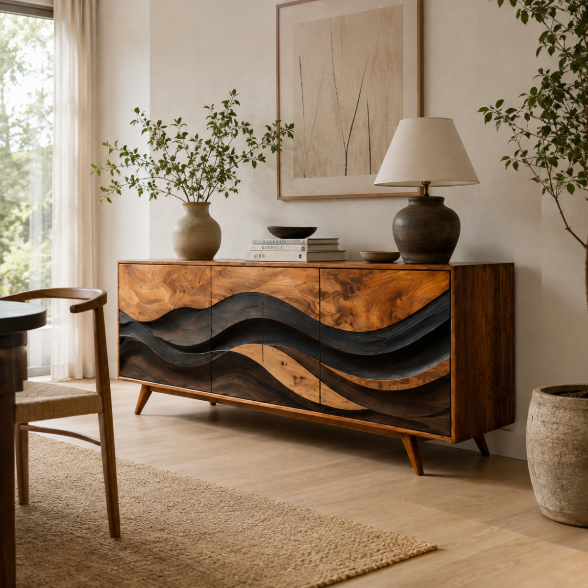 Layered Wave Wood Sideboard Cabinet