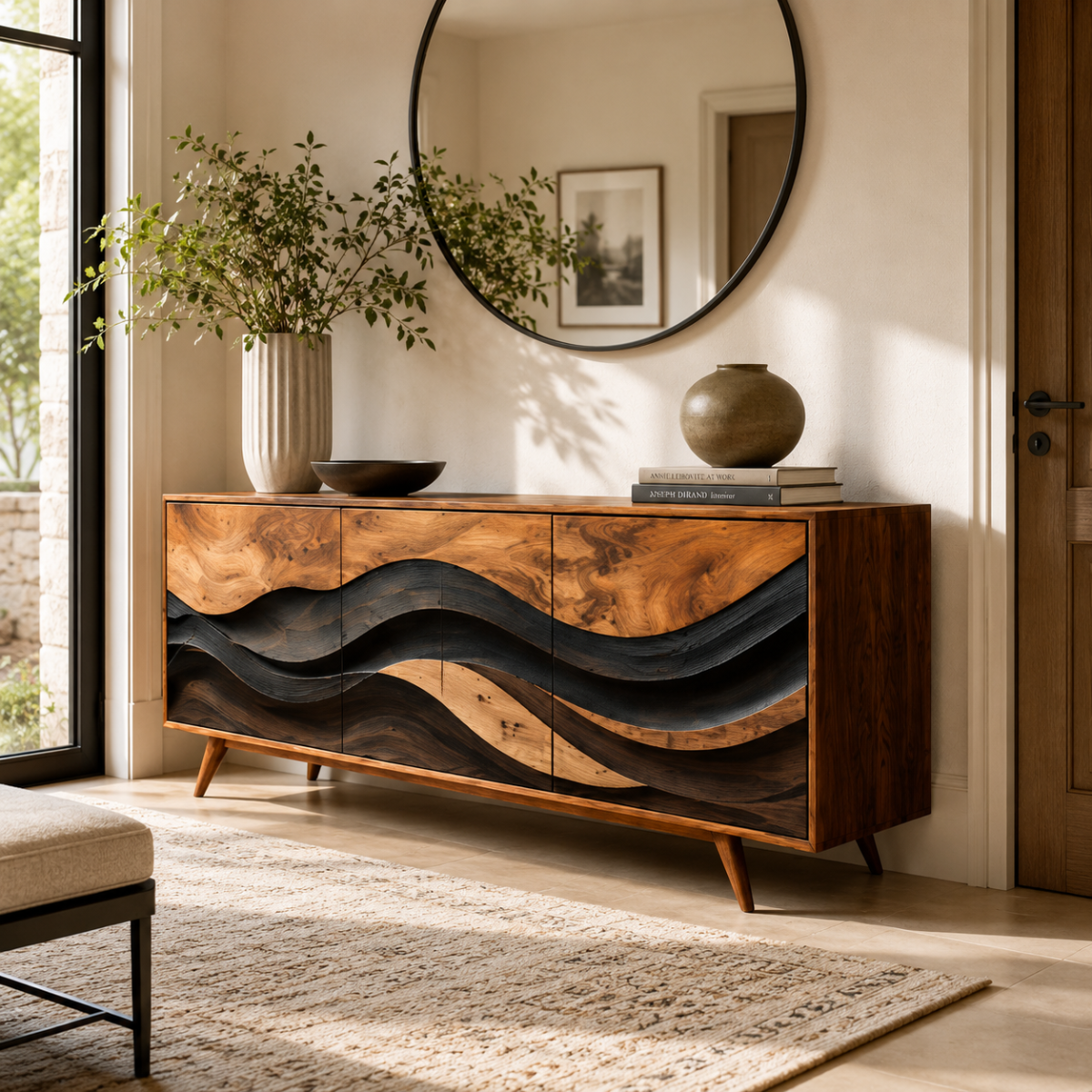 Layered Wave Wood Sideboard Cabinet