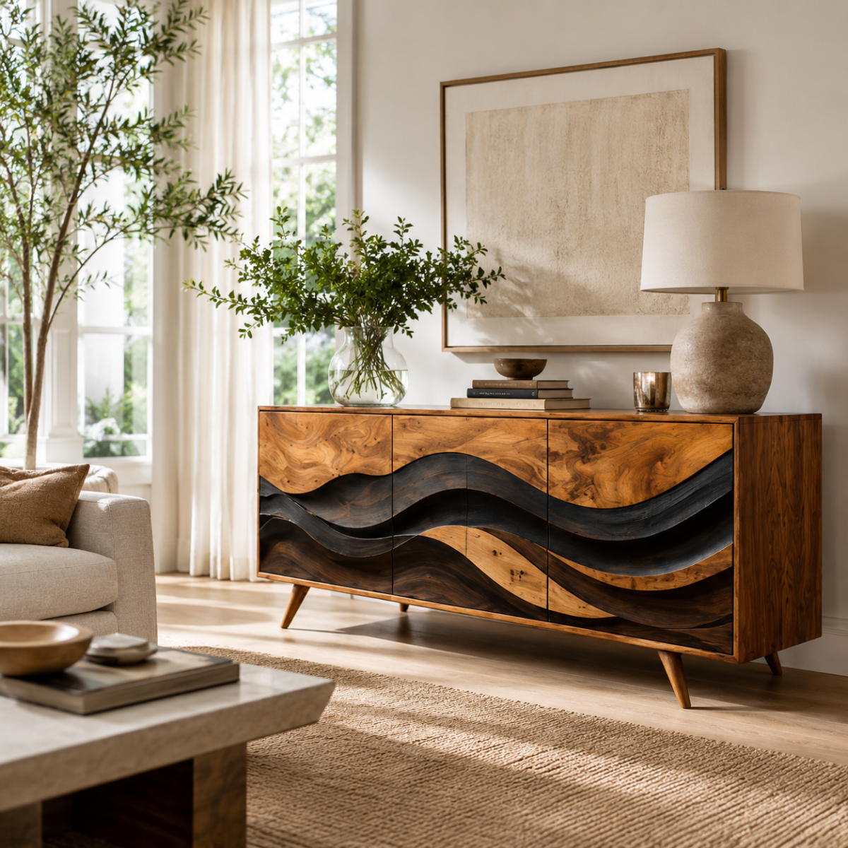 Layered Wave Wood Sideboard Cabinet