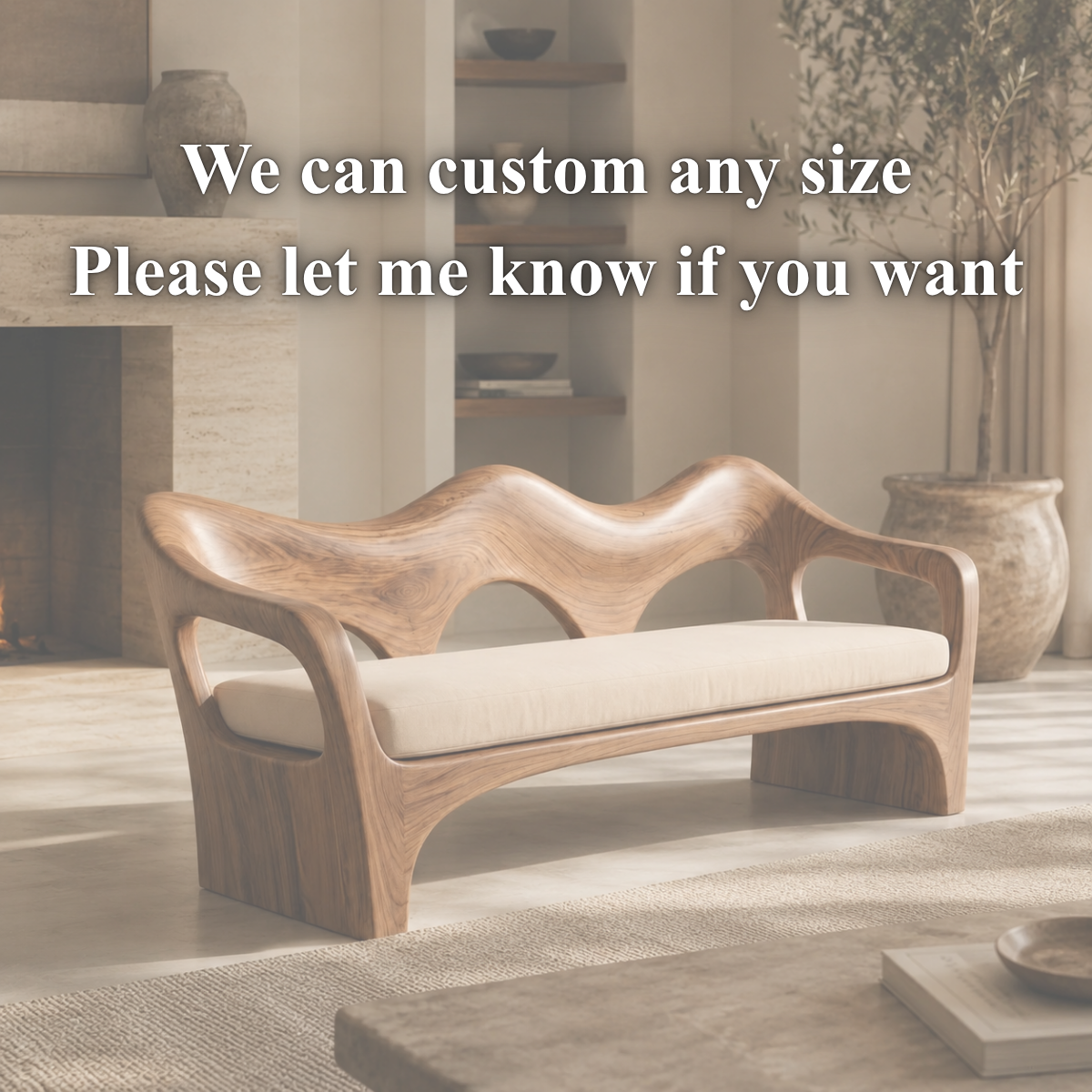 Sculptural Sofa Bench – Solid Wood Bench with Cushioned Seat