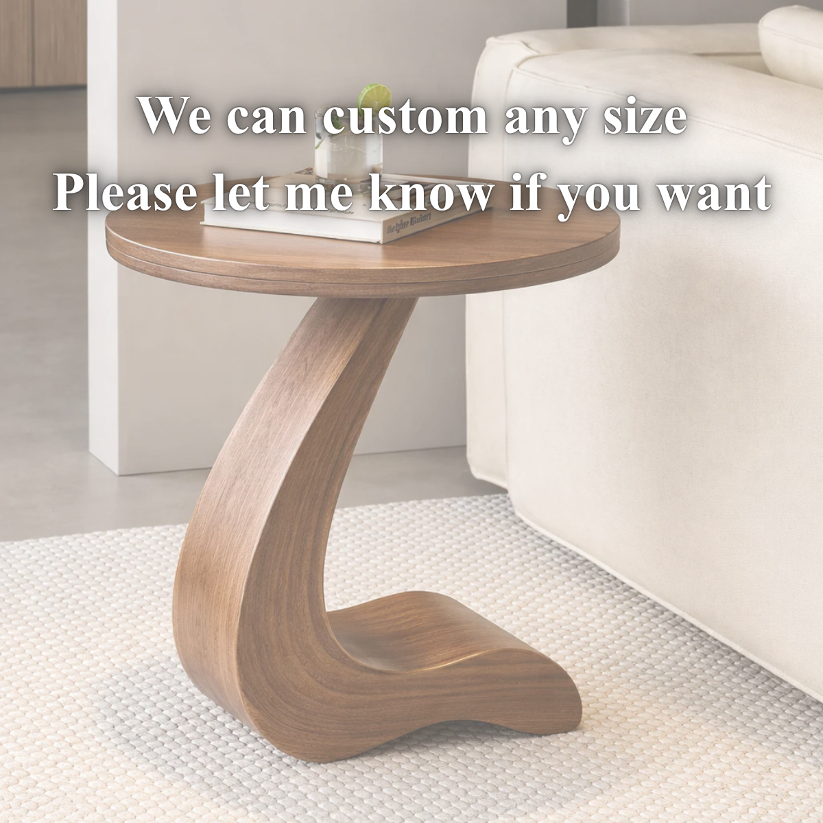 Modern Sculptural Solid Wood C-Shape Side Table for Sofa & Living Room