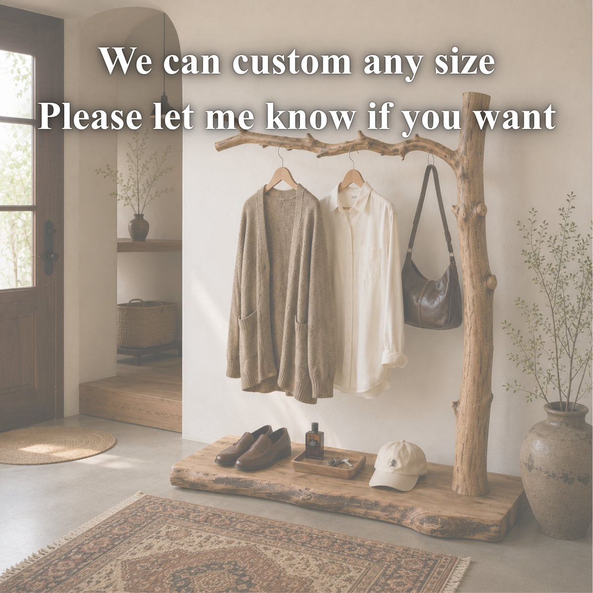 Natural Tree Branch Coat Rack – Handmade Solid Wood Entryway Shelf with Hooks for Rustic Home Decor