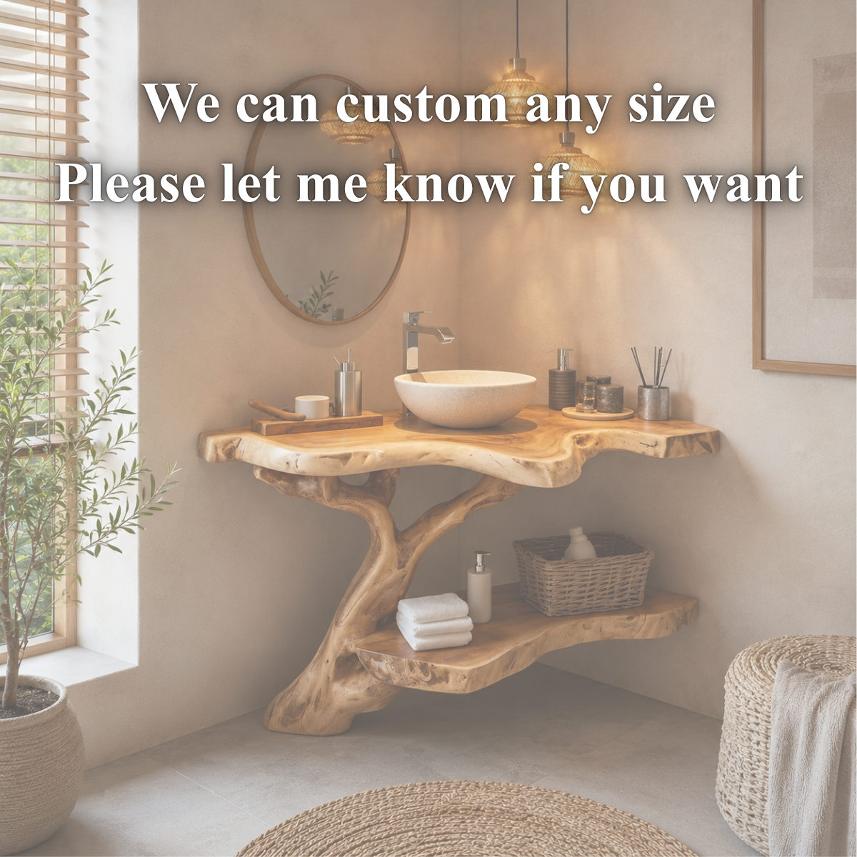 Tree Root Bathroom Vanity Shelf – Handmade Solid Wood Floating Vanity for Organic Luxury Bathrooms