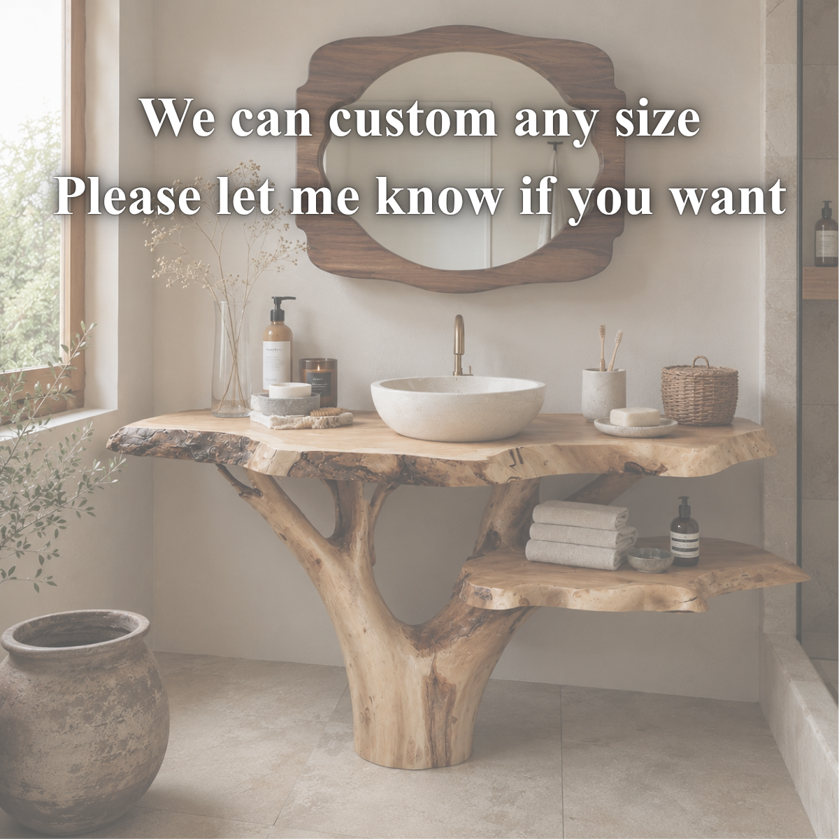 Tree Trunk Bathroom Vanity Wood Base – Handmade Solid Wood Vanity Frame for Luxury Bathroom Decor