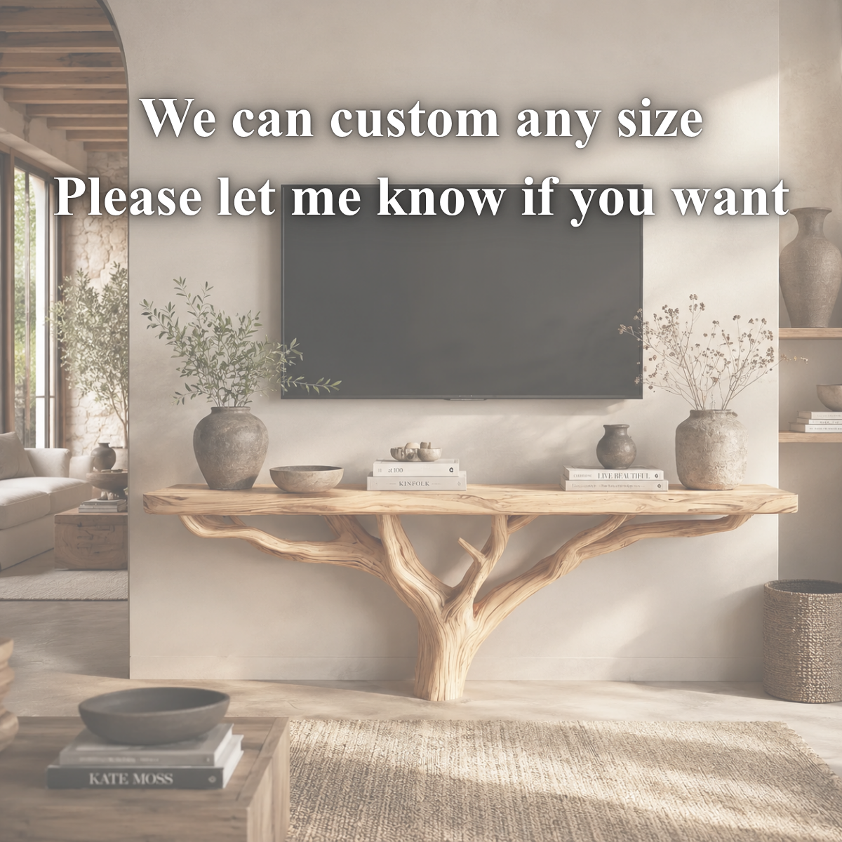 Tree Branch TV Stand – Solid Wood Floating Console for Rustic Living Room Decor