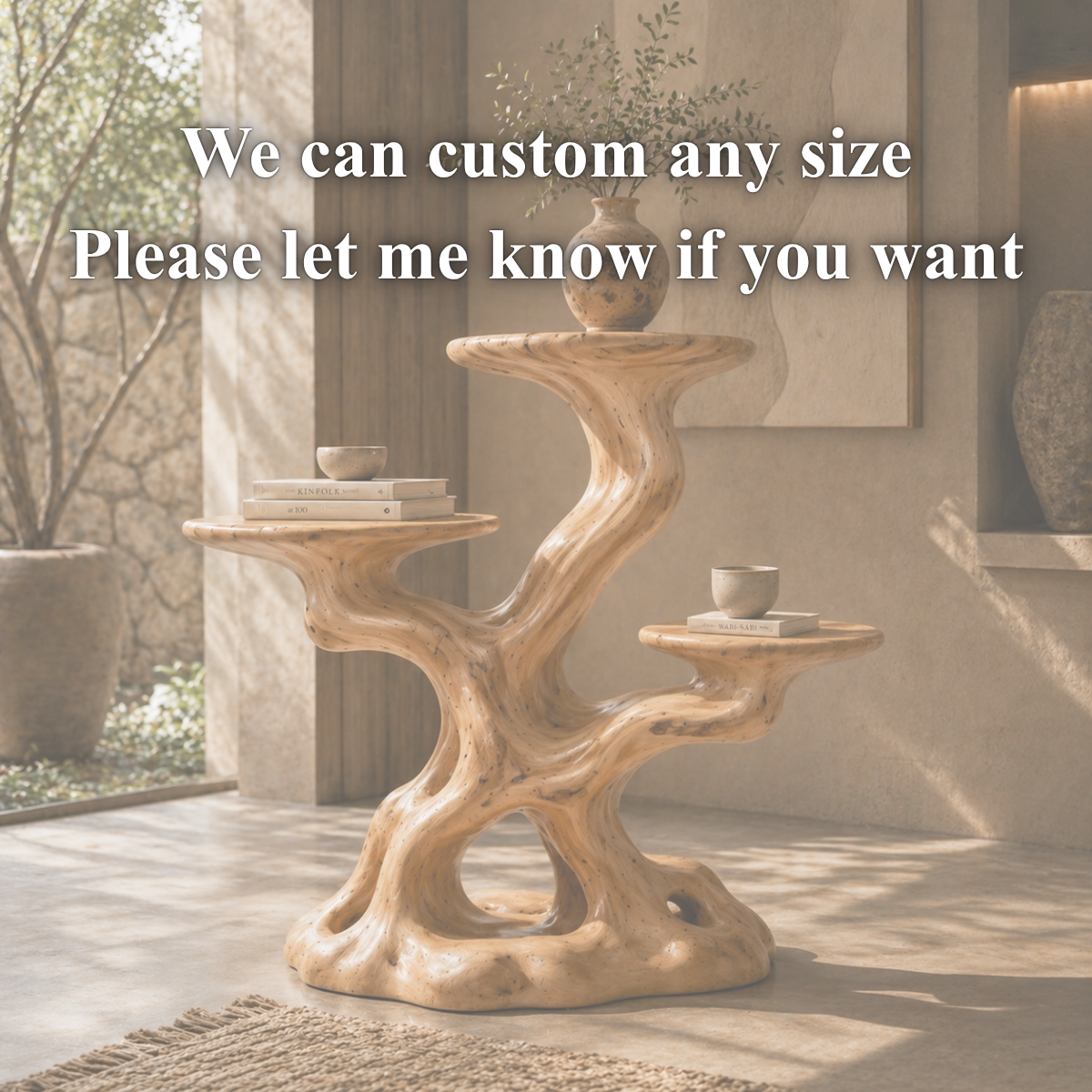 Sculptural Wooden Plant Stand – Solid Wood Display Table for Living Room and Modern Home Decor