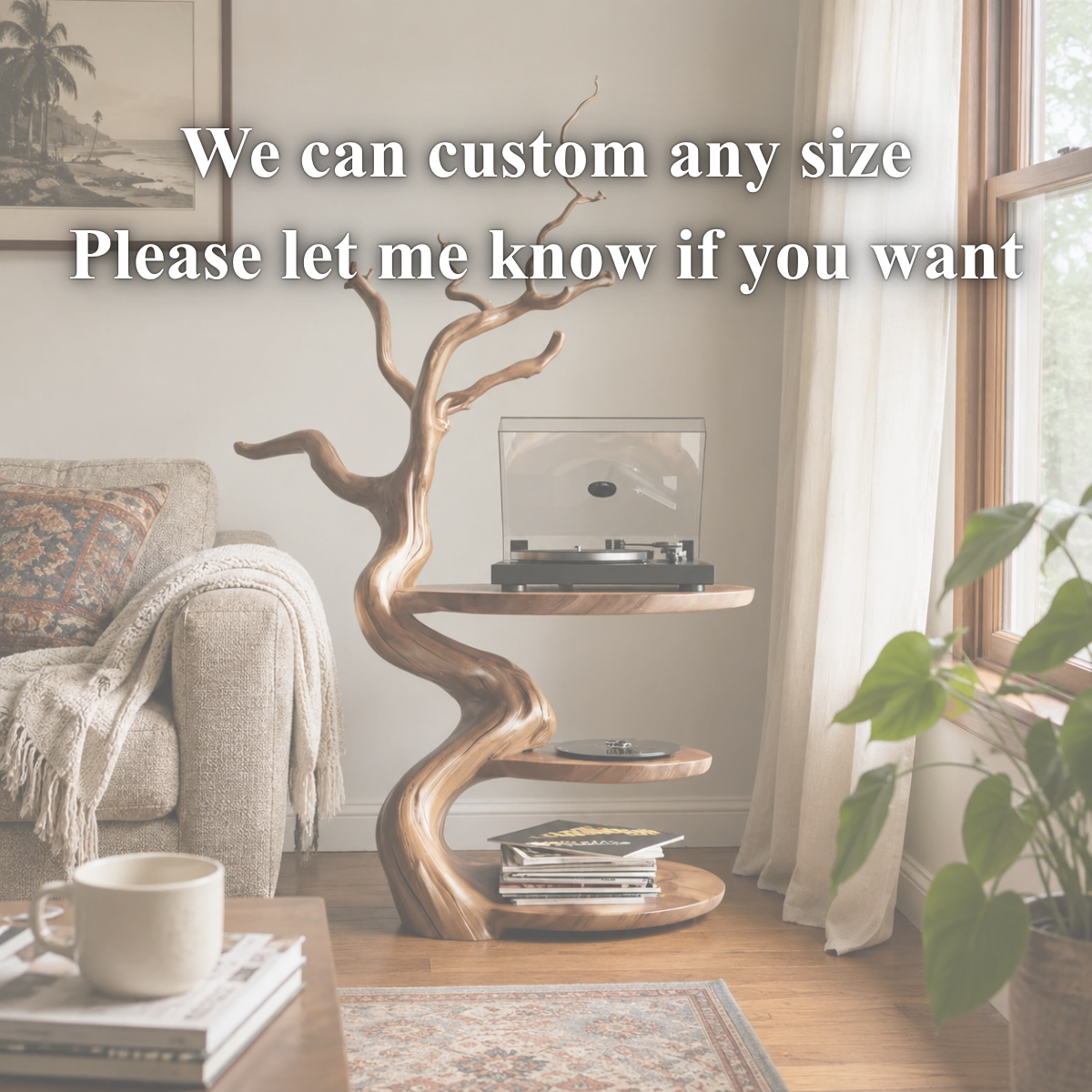 Tree Branch Wooden Side Table – Sculptural Solid Wood Accent Table with Storage Shelves
