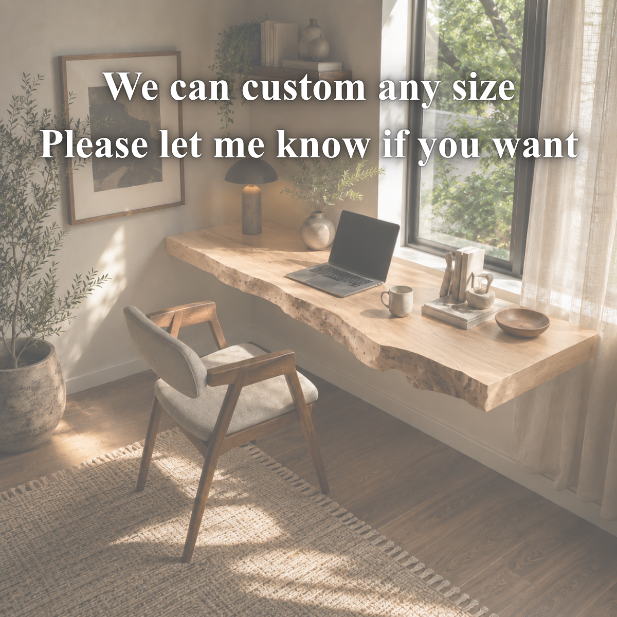 Live Edge Solid Wood Floating Desk – Modern Wall Mounted Wooden Desk for Home Office