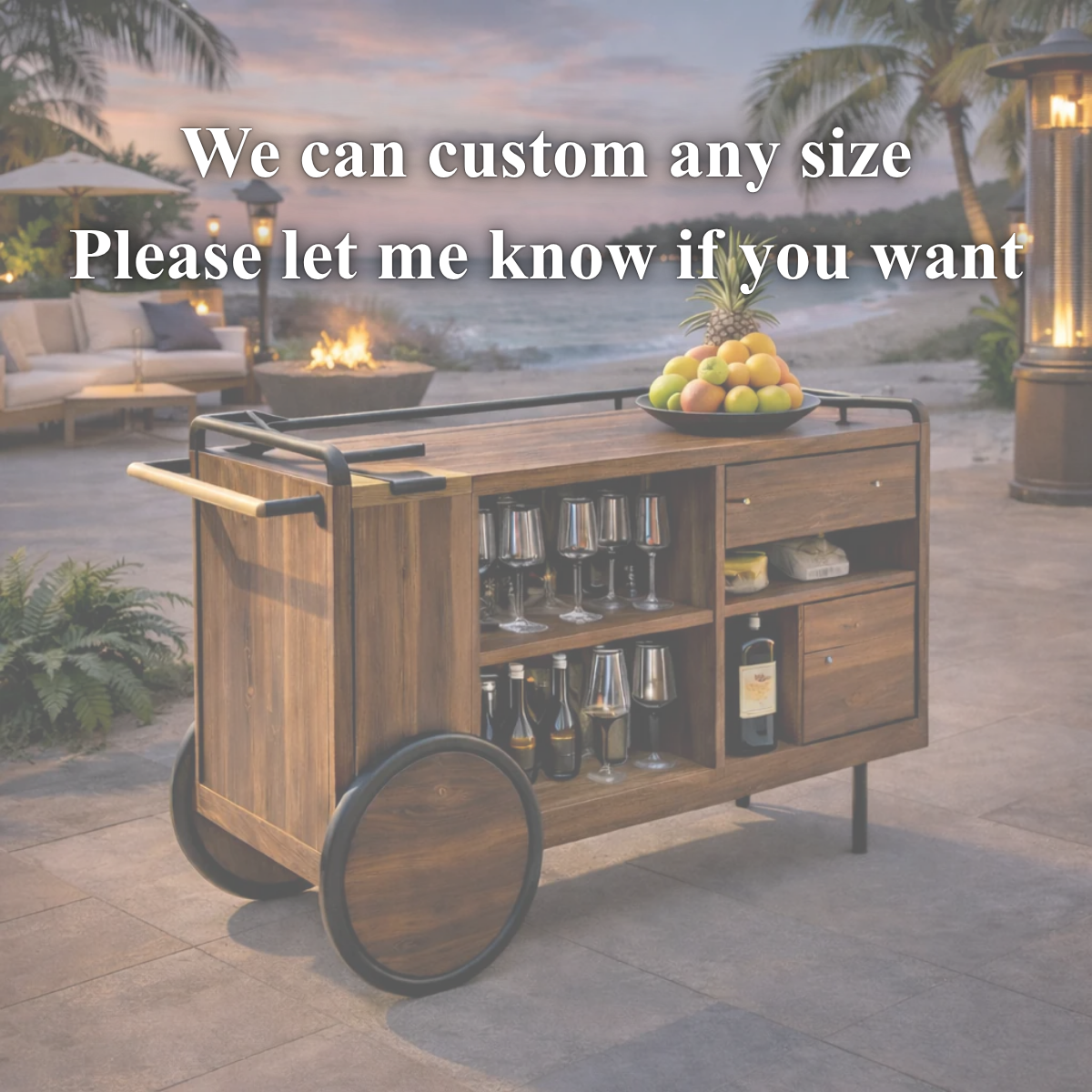 Outdoor Bar Cart – Rustic Solid Wood Cart with Wheels and Wine Storage
