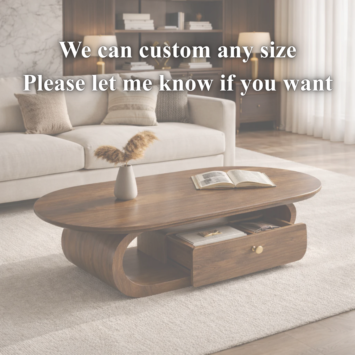 Solid Wood Coffee Table with Storage Drawer – Modern Rounded Design