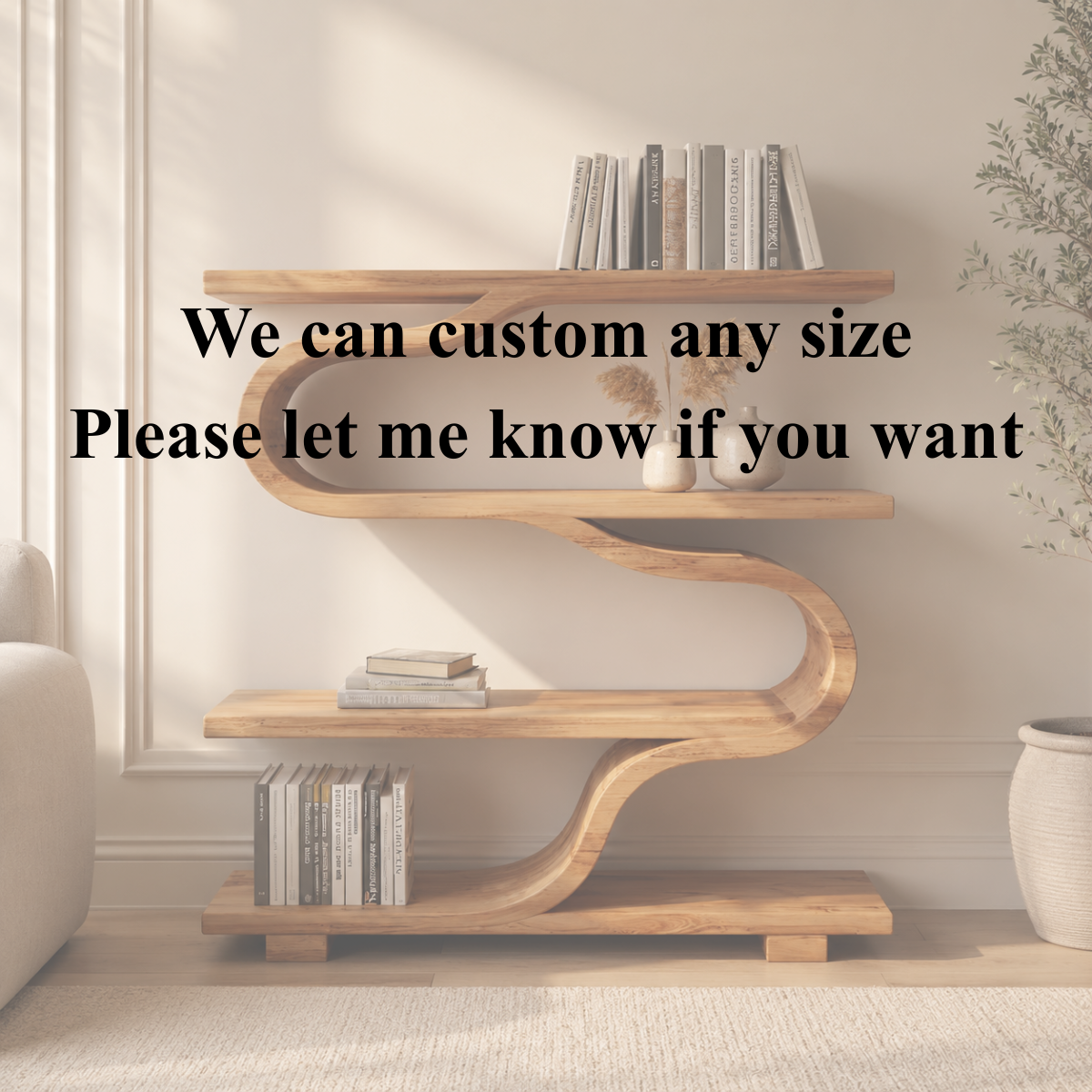 S-Shaped Bookcase – Sculptural Solid Wood Shelf for Living Room