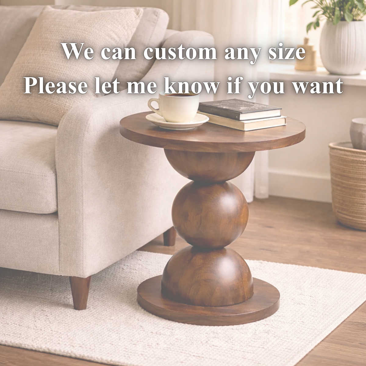 Pedestal Side Table – Sculptural Solid Wood Table with Stacked Sphere Base