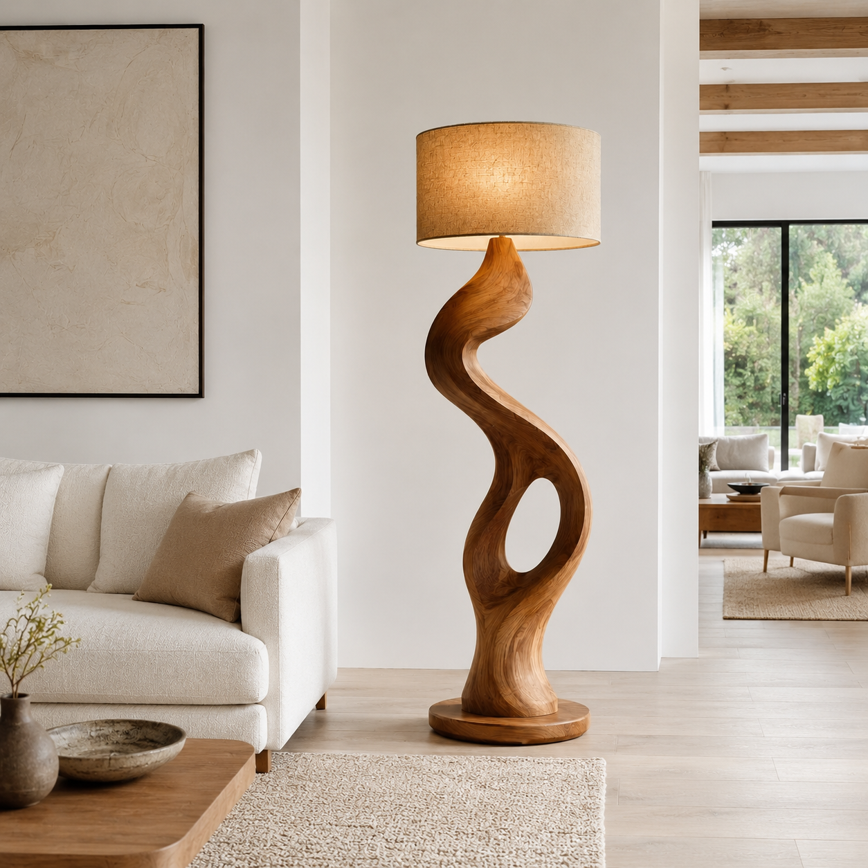Sculptural Wood Floor Lamp – Solid Wood Standing Lamp for Living Room Decor