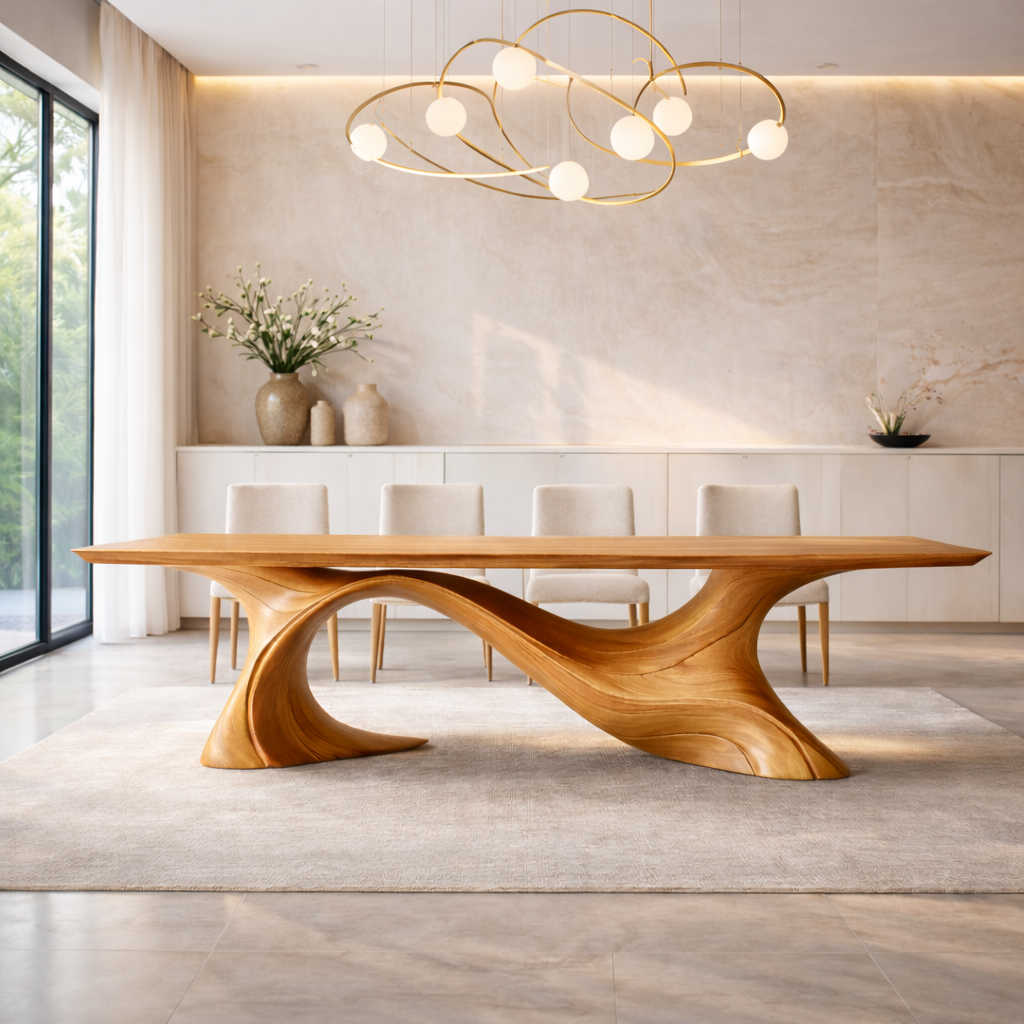 Wave Base Dining Table – Sculptural Solid Wood Table for Luxury Dining Room