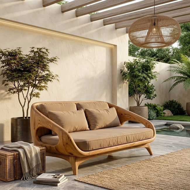 Sculptural Sofa Bench – Solid Wood Lounge Bench with Cushioned Seat Main Image