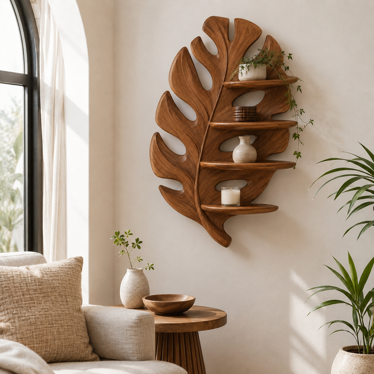 Monstera Leaf Wood Wall Shelf – Solid Wood Floating Display Shelf for Living Room Decor